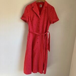 Anne Klein Red Polka Dot Shirt Dress Womens 6 Cotton Blend Belted Midi Pockets